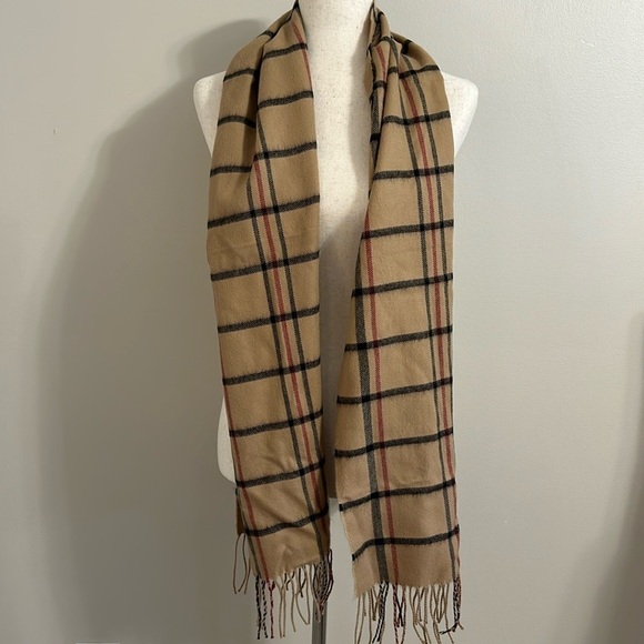 Plaid 100% Cashmere Scarf with Fringe Unisex Tan,Black,Red Quiet Luxury Preppy - Picture 2 of 7